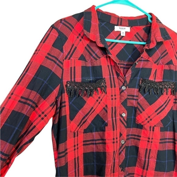 Kenzie Jeans Red and Black Button Crochet Double Breasted Pocket Blouse M - Picture 6 of 15